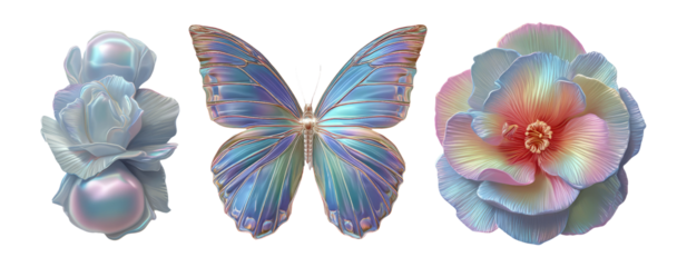 Colorful Iridescent Butterfly and Floral Illustrations with Transparent Background