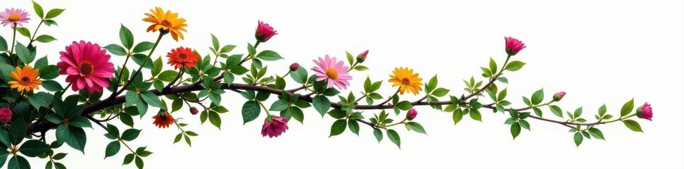 Intricate climbing plant with colorful flowers, pure white backdrop , background, jungle, tropical