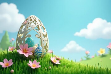 Intricate paper cut Easter egg and blossoms on grassy hill against a blue sky , green, illustration