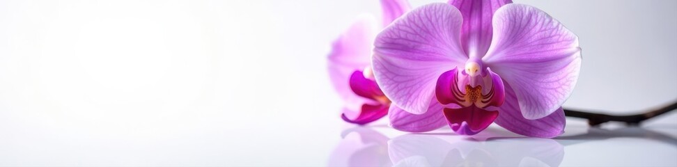 Intricate purple orchid blossom, mirrored on white surface , peace, plant