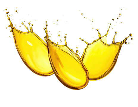 Three dynamic droplets of golden liquid bursting from a splash, isolated on black