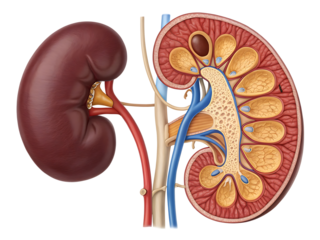 Detailed Human Kidney Anatomy Illustration for Medical Education and Scientific Purposes showing Renal Cortex Medulla Pelvis and Blood Vessels