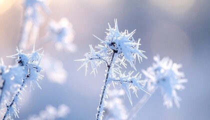Icy Plant Macro in Winter Landscape with Blurred Background Sunlight and Snowflakes Cold Weather Outdoor Nature Close Up