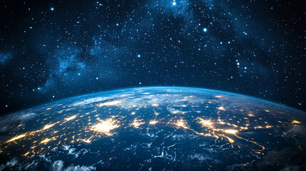 Obraz premium View from orbit showing planet Earth at night with glowing atmosphere city lights and cosmic space background symbolizing unity mystery and global connection.