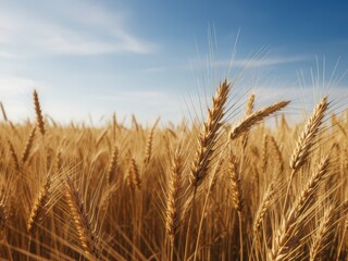 Fototapeta premium Golden spikelets ear of wheat field close up light breeze against bright blue sky in summer. Nature. Agro farm. High quality