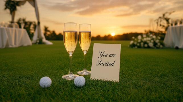 event invitation you are invited  card placed on green golf course with champagne glasses at sunset outdoor celebration highlighting luxury lifestyle romance leisure and special occasion
