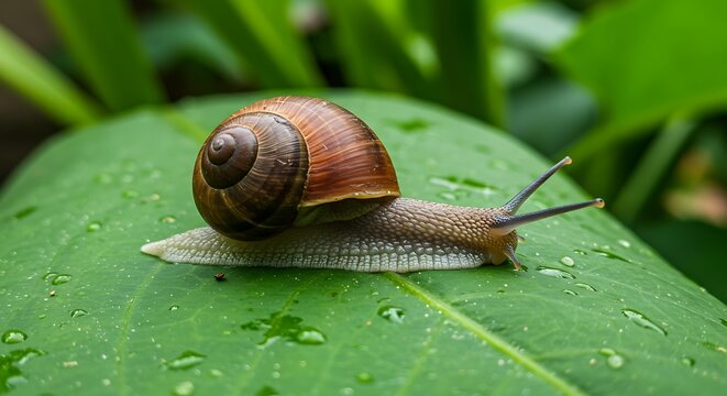 Close up view of a snail on a vibrant green leaf - Powered by Adobe