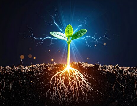 A glowing plant sprouts from dark soil, with electric energy surrounding it