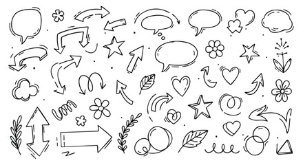 A collection of hand-drawn doodle illustrations featuring arrows, speech bubbles, hearts, and floral elements.