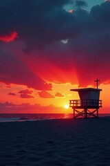 Lonely lifeguard tower silhouetted against fiery sunset sky , texture, nature