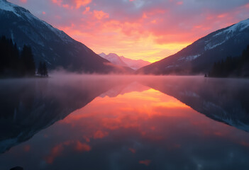 Fiery Sunrise Reflected on a Misty Mountain Lake