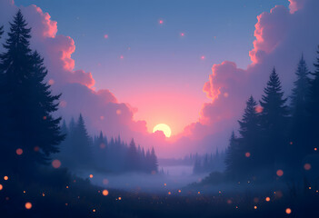 Misty Forest Valley at Pink and Lavender Sunset

