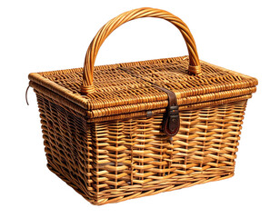 Wicker picnic basket with a woven handle, leather strap, and closed lid