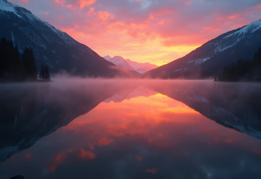 Fiery Sunrise Reflected on a Misty Mountain Lake