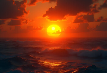 Intense Solar Disk Setting Over a Fiery Ocean