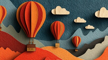 Hot air balloons drift over textured, layered hills beneath a textured sky with wooden clouds
