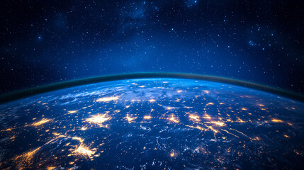Obraz premium View from orbit showing planet Earth at night with glowing atmosphere city lights and cosmic space background symbolizing unity mystery and global connection.
