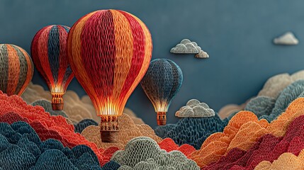 Hot air balloons float above textured mountains against a blue sky with fluffy clouds