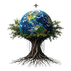 Earth with roots growing downward like a giant tree, symbolizing life, white background.