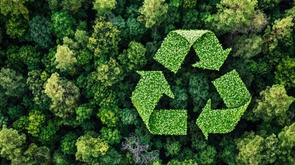 Symbol of sustainability displayed over a vibrant forest canopy representing environmental awareness and conservation efforts