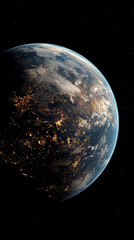 Fototapeta premium View from orbit showing planet Earth at night with glowing atmosphere city lights and cosmic space background symbolizing unity mystery and global connection.