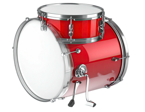 Gleaming red drum kit with silver hardware, ready for a musical performance