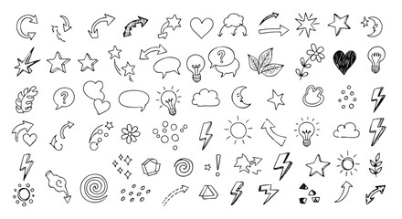 Collection of hand-drawn doodle illustrations featuring various shapes, symbols, and icons in black and white.