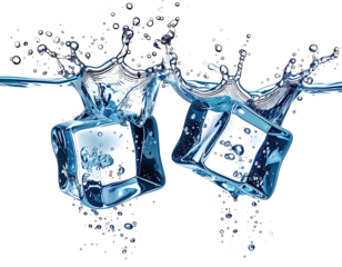 Two ice cubes colliding in water, creating splashes and bubbles against black