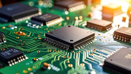 Macro Shot of Green Circuit Board with Black Microchips and Golden Light Reflection, Showing Intricate Electronic Components Details