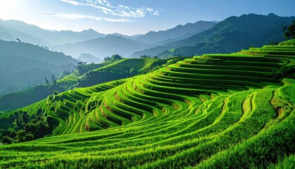 Lush Green Rice Terraces Stepping Down Mountain Slopes with Layers of Hills and Clear Blue Sky in Background on a Bright Sunny Day