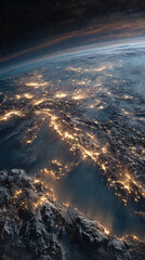 Naklejka premium View from orbit showing planet Earth at night with glowing atmosphere city lights and cosmic space background symbolizing unity mystery and global connection.