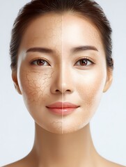 Asian woman face close-up, half dry flaky skin, half hydrated smooth glowing skin