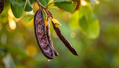 Ripe carob pods hang from a branch, glistening with moisture