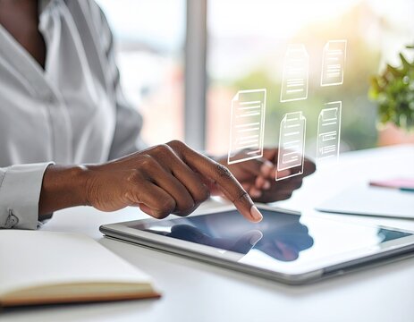 Person uses a tablet with digital documents floating above it, bright sunlight - Powered by Adobe