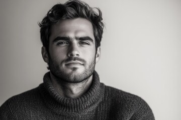 Black and white portrait of a handsome young man with a beard and wavy hair, wearing a chunky turtleneck sweater.