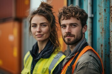 Two confident workers, a man and a woman in safety vests, stand together in an industrial setting with shipping containers.