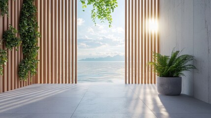 Serene indoor space with lush greenery and stunning water view during golden hour