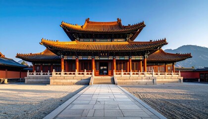 Majestic Traditional Chinese Architecture with Intricate Roof and Courtyard in Golden Hour Sunlight with Blue Sky and Distant Mountains