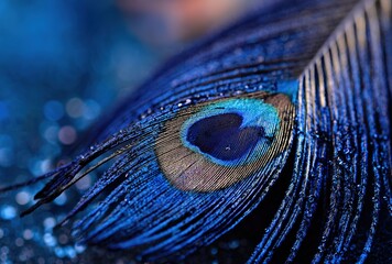Fototapeta premium Close-up of Blue Peacock Feather with Water Drops Creating Sparkling Blue-toned Atmosphere
