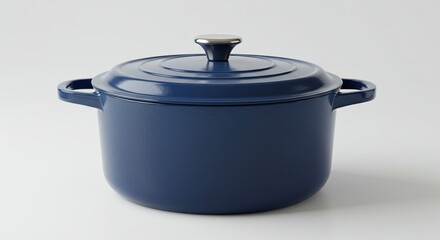 Blue enameled cast iron Dutch oven with lid on a white background.