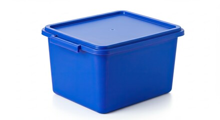 Blue Plastic Food Storage Container with Lid Isolated on White Background.
