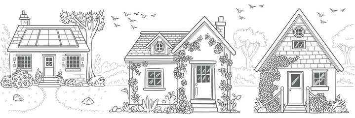 Obraz premium Set of Various Small Summer Houses — Vintage Monochrome Ink Sketch Vector Illustration Featuring Garden Background and Charming Rural Cottage Designs for Scenic Artwork
