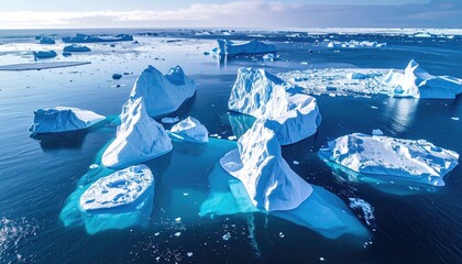 Aerial View of Icebergs Floating on Deep Blue Arctic Ocean Waters Under Bright Sunlight with Horizon and Clear Sky North Pole