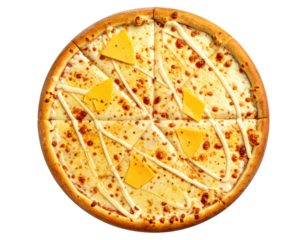 A whole, sliced pizza with creamy sauce and cheese pieces on a dark background