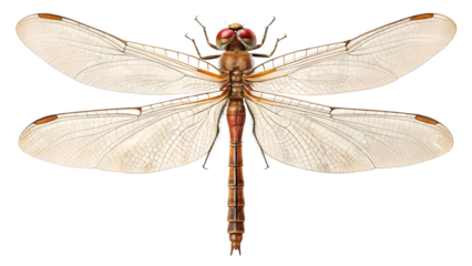 Detailed Isolated Dragonfly Illustration with Intricate Wing Veins and Red Eyes Against Black Background