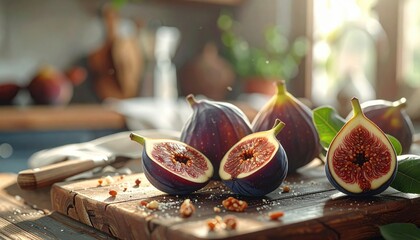 Arrangement of Fresh Figs Sliced on a Wooden Cutting Board with Selective Focus and Warm Lighting and Kitchen Background
