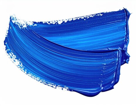 Close-up of a vibrant, curved, blue paint stroke, isolated against a white background