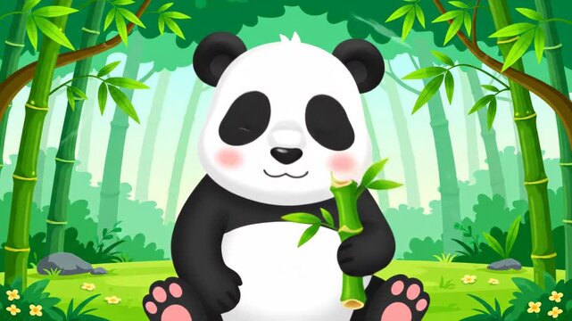 Cute cartoon panda eating bamboo in a lush green forest.