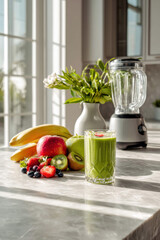 Healthy Green Smoothie on Modern Kitchen Counter – Fresh Detox Scene with Fruits and Blender