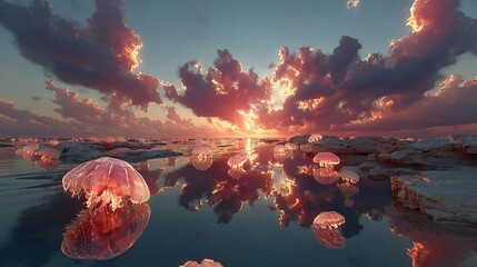 Jellyfish float peacefully in the shallow, serene water during a beautiful sunrise with pink clouds